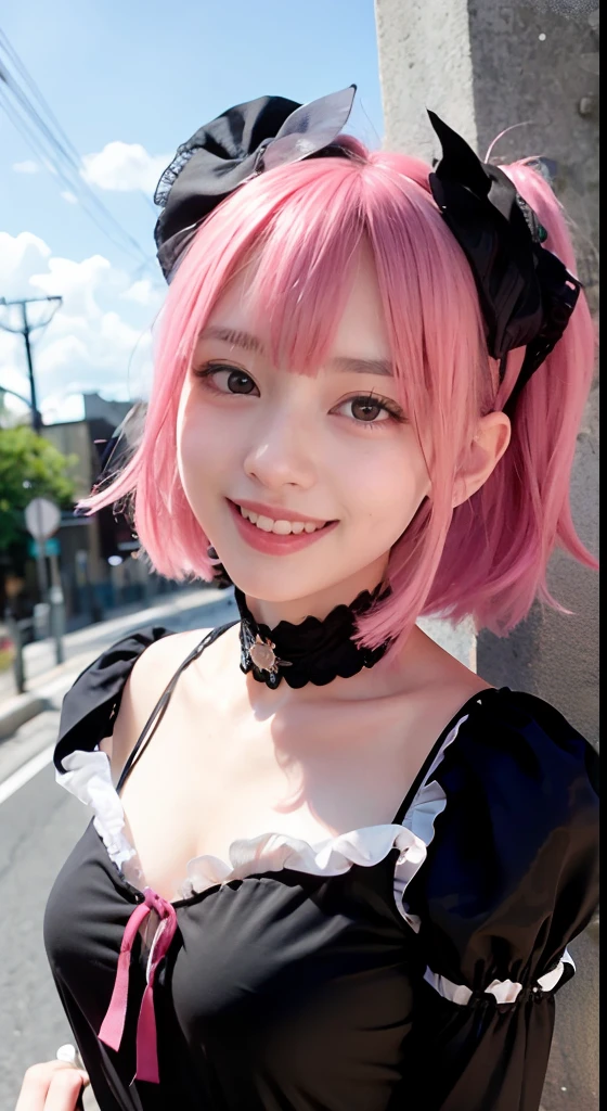 (ultra-detailliert), Frontal Face,head shot, Front view,Cute princess dress in black,(frilly dress),(shortsleeves),Blue eyes,The upper part of the body、cowboy shot、faces、(A smile:1.5),(facing front:1.2), 20yr old, s girl,no tail,(no tail),2D, masterpiece, top-quality, animesque, A detailed eye, A detailed face, girl with, Only 1 person,Medium hair with pink hair, (Pink hair), small tits, straight haired、 Stand at the intersection、(No headband)、No ears
