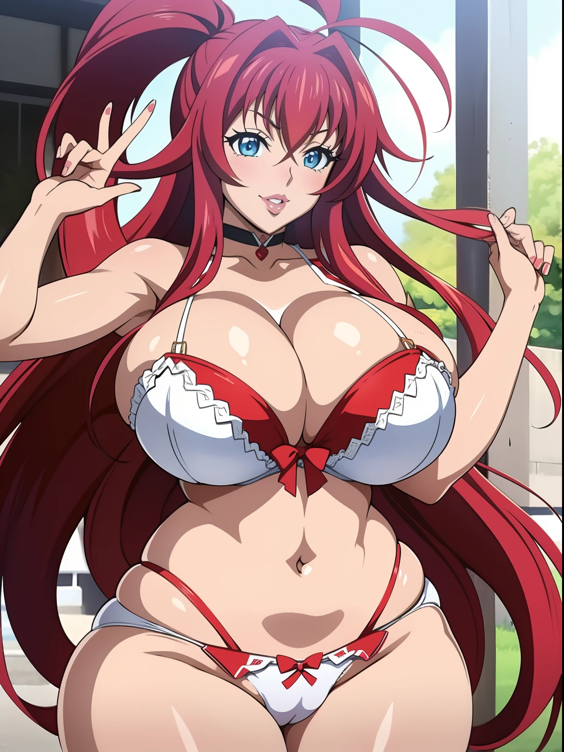 Highschool dxd, Rias Gremory, 1girl, (((bimbo))), blue eyes, puffy lips, painted lips, thick lips, wide hips, thick thighs, big breast, huge ass, revealing cleavage, erotic, smile face, bubble butt, camel toe, hitomi Tanaka breasts, , huge breasts, white bra, white panties, posing, hand signs