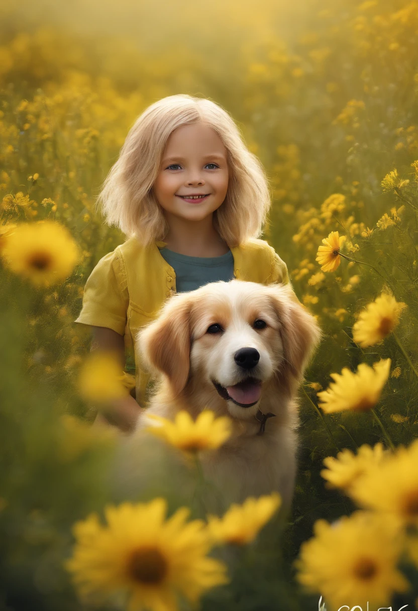 doggy，adolable，shaggy，Cartoony，In the meadow，There are flowers，Yellow hair