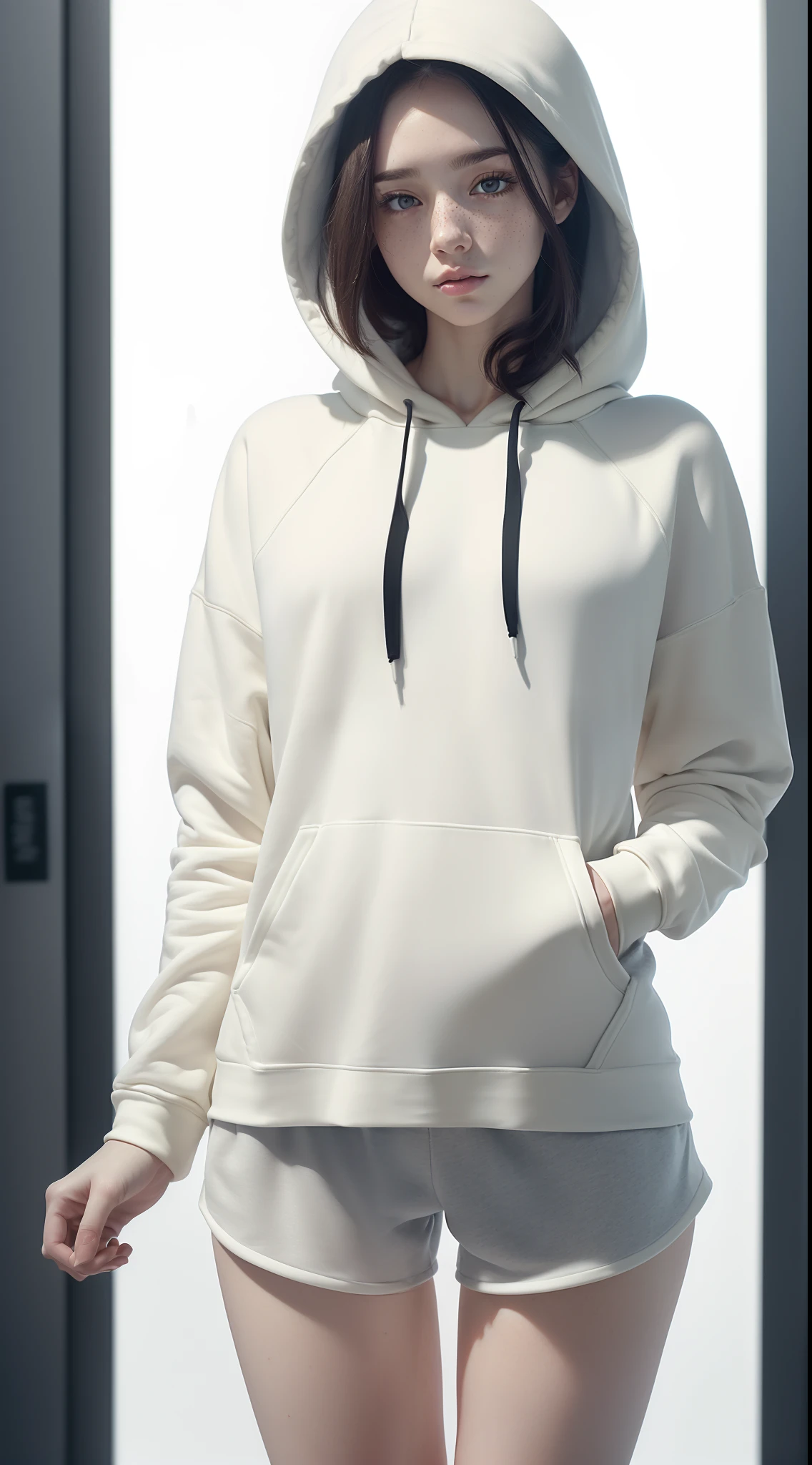 dynamic pose,1girl,pale skin,delicate face,freckles,intricate details,(hoodie,gym shorts:1.3),small waist,(wide thigh gap:1.3,thick thighs:1.3),white background,(best quality:1.2,ultra-detailed,realistic:1.37),portrait,soft colors,polished lighting