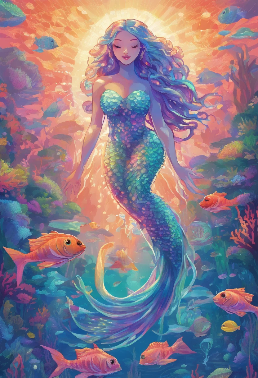 rainbow mermaid,fantasy creature (mermaid:1.1),underwater scenery,ocean depths,beautiful detailed eyes,beautiful detailed lips,sparkling scales,flowing colorful hair,finely detailed fish tail,magical underwater lighting,calm and serene atmosphere,peaceful underwater kingdom,dreamlike setting,floating seaweed and coral,fascinating marine life,vibrant and bright colors,natural sunlight filtering through the water,iridescent jellyfish dancing around,playful and gentle sea creatures,ethereal and enchanting presence,mythical and mysterious aura.