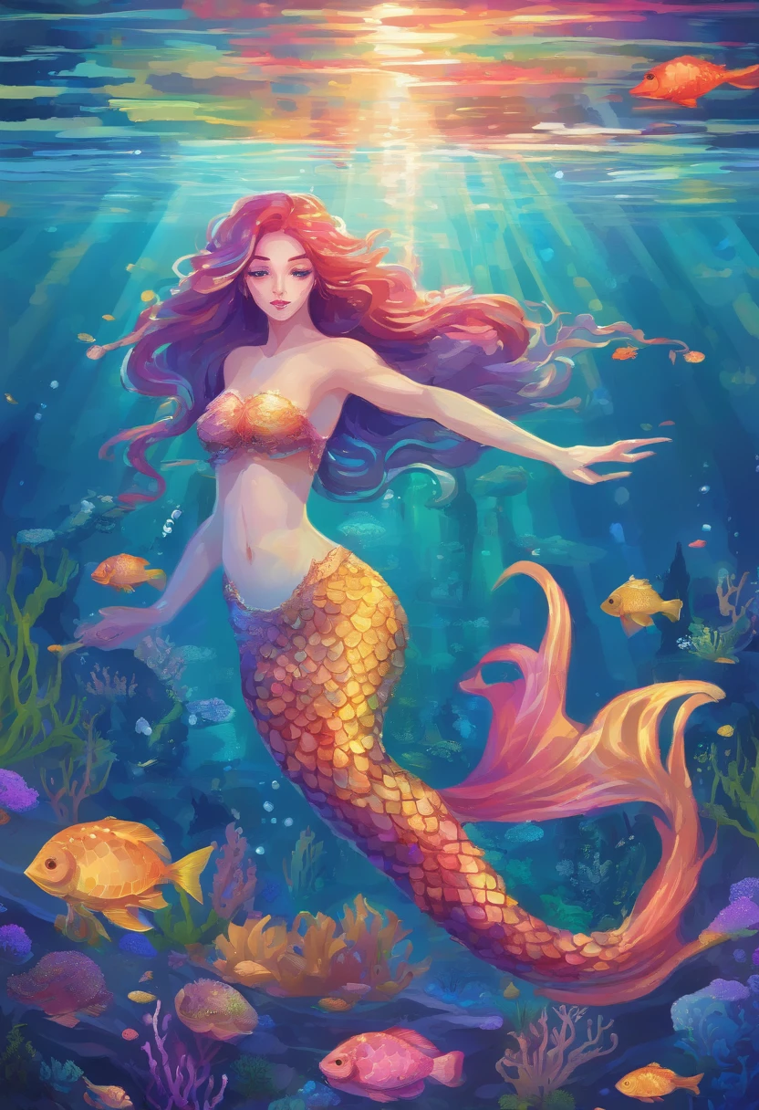 rainbow mermaid,fantasy creature (mermaid:1.1),underwater scenery,ocean depths,beautiful detailed eyes,beautiful detailed lips,sparkling scales,flowing colorful hair,finely detailed fish tail,magical underwater lighting,calm and serene atmosphere,peaceful underwater kingdom,dreamlike setting,floating seaweed and coral,fascinating marine life,vibrant and bright colors,natural sunlight filtering through the water,iridescent jellyfish dancing around,playful and gentle sea creatures,ethereal and enchanting presence,mythical and mysterious aura.