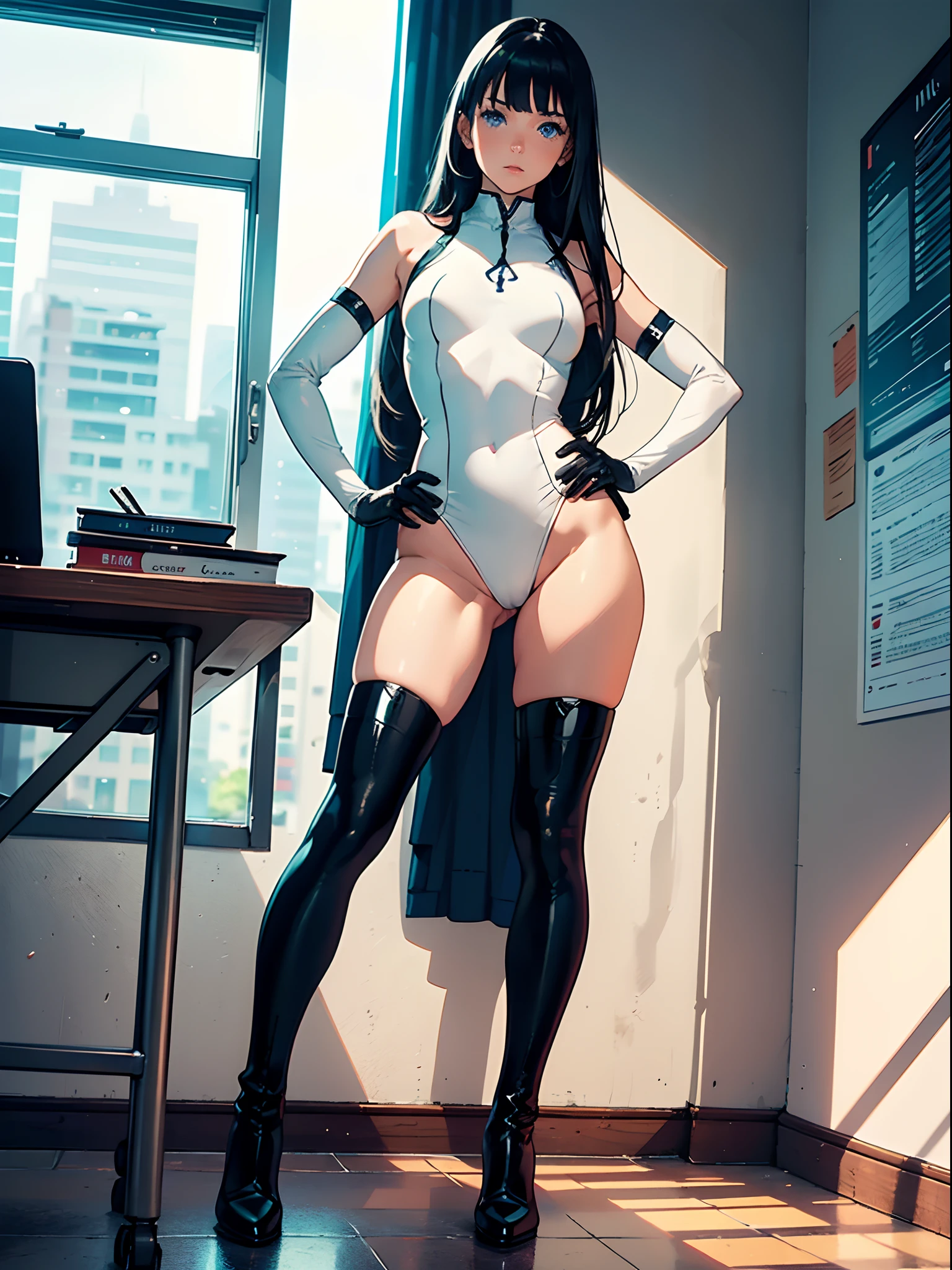 (1girl, solo), age 25, masterpiece, best quality, black hair, blue eyes, long hair, bangs, superhero, white leotard, boots, gloves, hands on hip, good hands, office backdrop, full body, standing, cowboy shot.