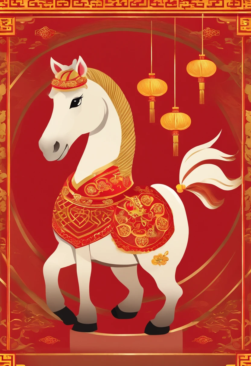 Chinese New Year，The Year of the Horse is prosperous，Golden, red, green，cartoony，Flat illustration style，، simple，Non-realistic，Commercial posters，There are decorations around，delight