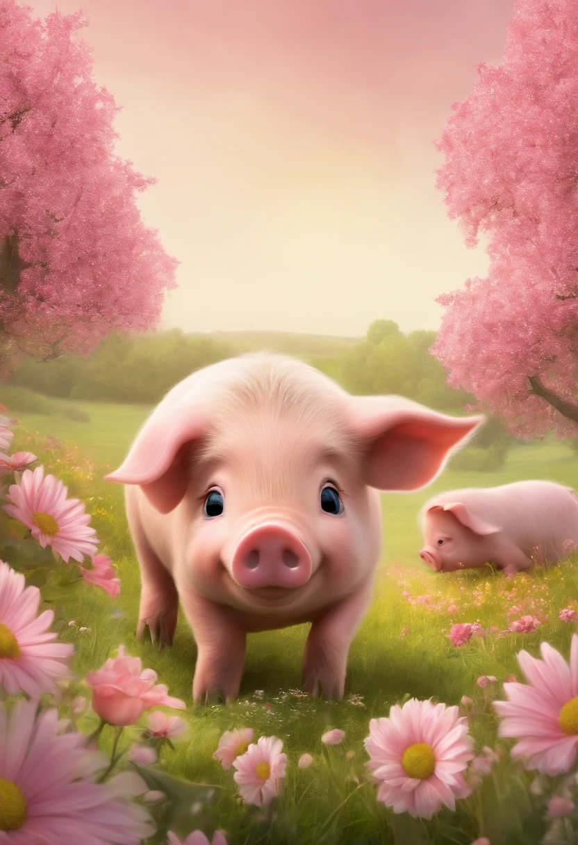 pigs,adolable,shaggy,Cartoony,In the meadow,There are flowers,Pink complexion