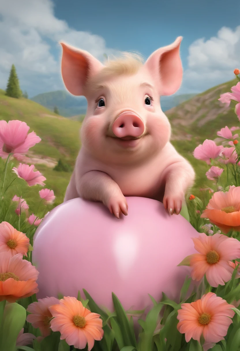 pigs,adolable,shaggy,Cartoony,In the meadow,There are flowers,Pink complexion
