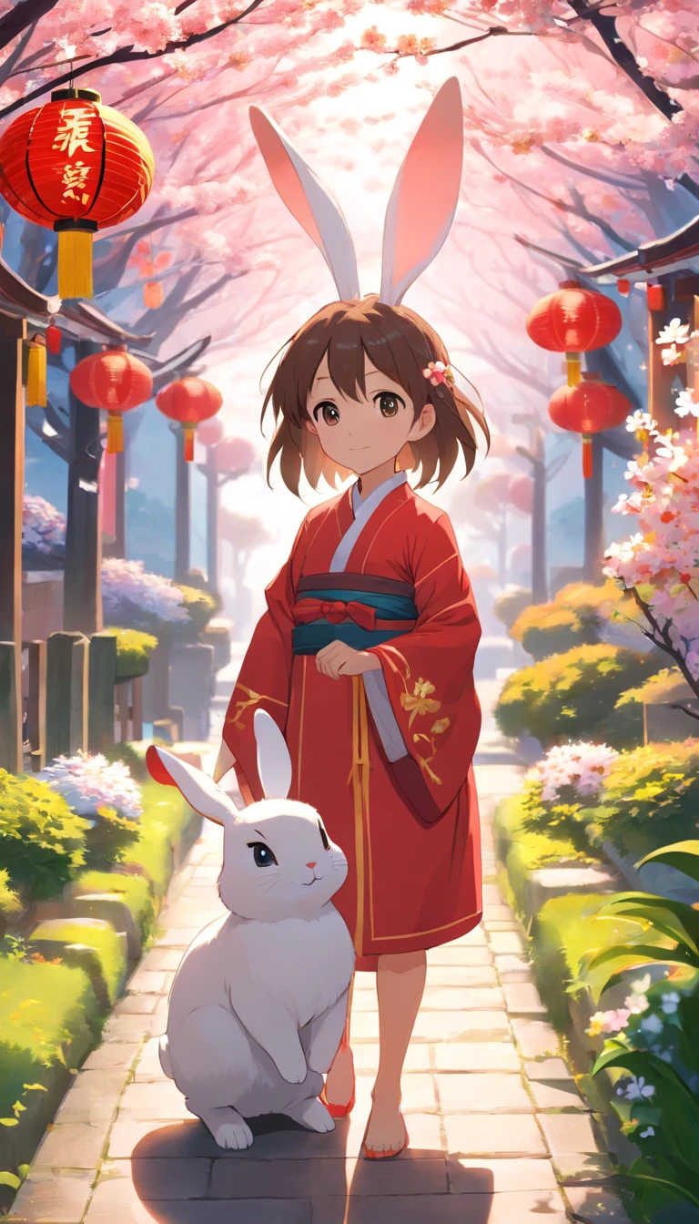 New Year's Bunny, year of the rabbit,Lunar New Year, spring flowers, Red lanterns, fundo vermelho, Extremely high quality, Full-HD, Close-up, 2023, ..。.3D