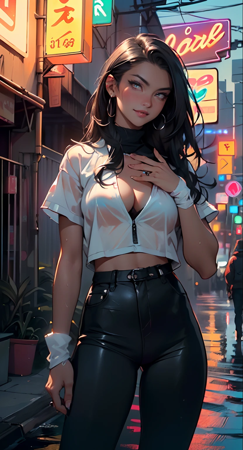 tracker man,(((1man))),((man:1.5 with long hair)),
(((1male,handsome man,male,male gender:1.5,male focus))),
((long black hair,detailed hair,highly detailed hair,black hair,dyed interior hair,colored inner hair,very short beard)),(((lustrous skin:1.5,tanned skin,bright skin: 1.5,skin tanned,shiny skin,very shiny skin,shiny body,illuminated skin))),((detailed eyes,perfect eyes,rainbow glows ultra-detailed orange brown eyes:1.1,gradient eyes:1,finely detailed beautiful eyes:1,symmetrical eyes:1,big highlight on eyes:1.2)),man chest,handsome face,((muscular)),((hand consists of a short thumb and four fingers,a hand with only five fingers,(detailed face))),
alluring look,nsfw,
(((bare chest))),green pants,((bulge in pants)),((tracker outfit)),(wearing a tracker outfit:1.3,tracker clothes),((wet clothes,detailed outfit,detailed clothes)),
(dynamic pose:1.0),solo focus,((evil smile,evil look)),(centered,scale to fit dimensions,Rule of thirds),
cyberpunk city by the ocean at night, with bright neon signs and dark stormy clouds and puddles,
High resolution, sharp focus, (ultra detailed, extremely detailed), (photorealistic artwork:1.37), 8k wallpaper,((synthwave background theme)),(((vibrant colors,))),(intricate),masterpiece,(best quality),synthwave neon colors,