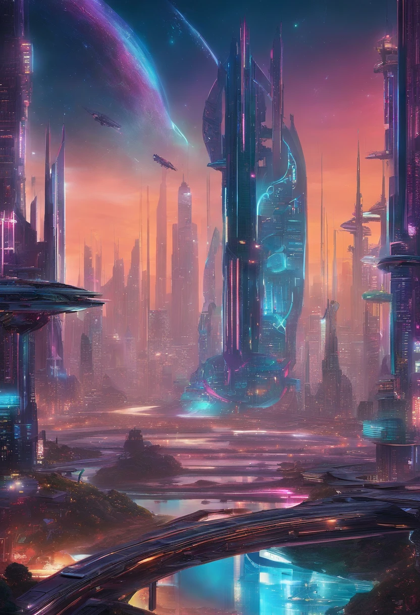 cyberpunked、futuristic cities、planet earth、Night view of cyberpunk lined with skyscrapers、neons、SFart by、Utopian City、Megacities、dream、top-quality、masterpiece、Beautiful cities of the future