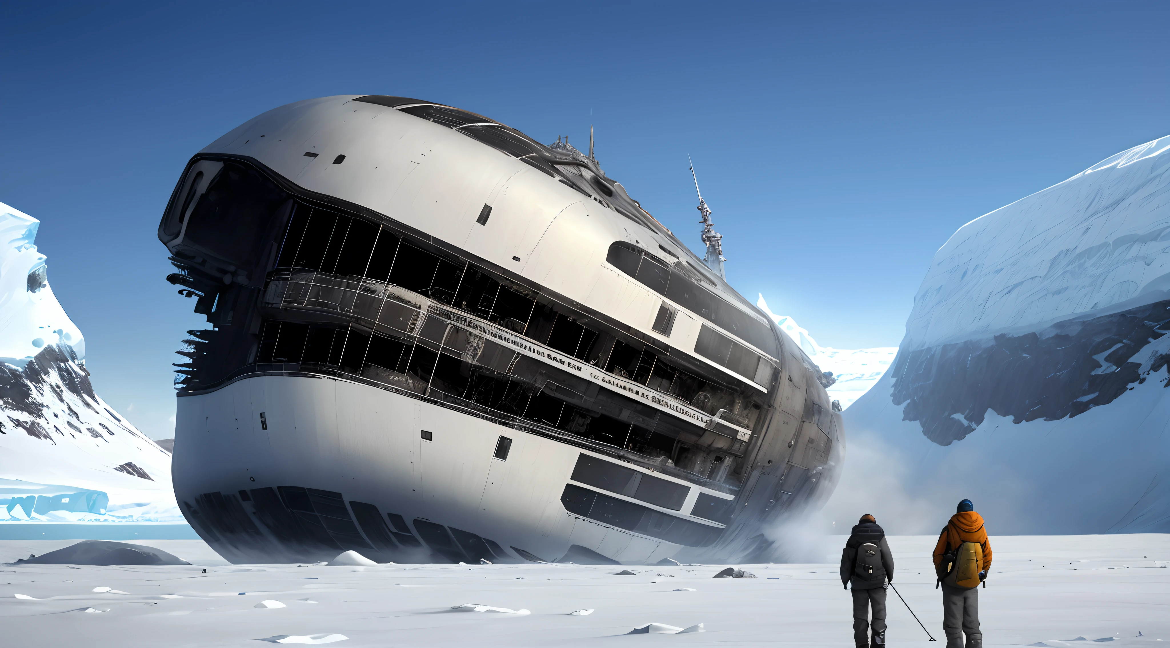 skiers looking at an alien ship that is sinking into the snow, nave espacial abandonada, No estilo de arte de Filip Hodas, alien ship destroyed, inspirado em Peter Elson, sinking of alien ship, inspirado em Michal Karcz, Bastien Grivet, inspirado em Filip Hodas, inspirado em Michał Karcz, arte conceitual altamente realista