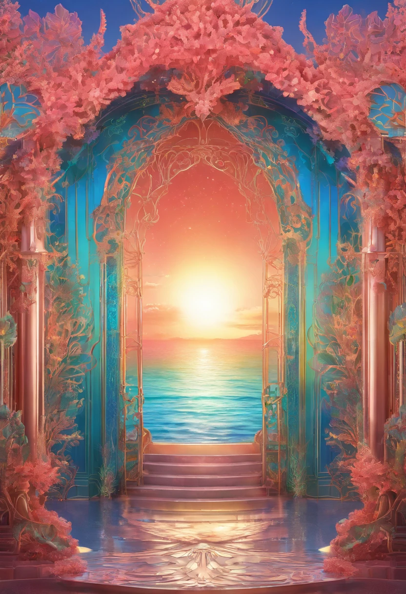 Virtual scene design, coral art installation above the blue ocean, galvanized fiberglass with rainbow gradient, surreal visual representation, magnificent architecture, unique, intricate, exquisite details,(blender, oc rendering, natural light, ray tracing, 8K)
