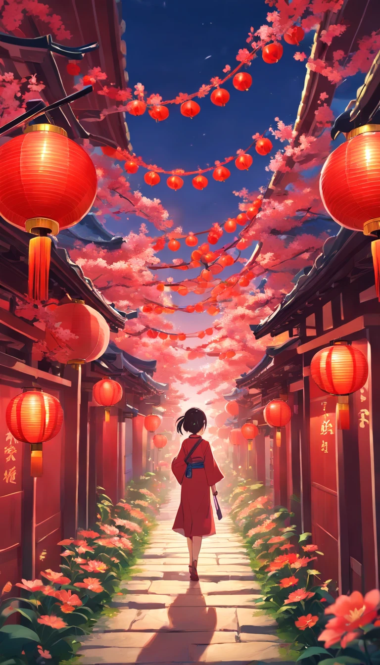New Year's snake, Lunar New Year, spring flowers, Red lanterns, fundo vermelho, Extremely high quality, Full-HD, Close-up, 2023, ..。.3D
