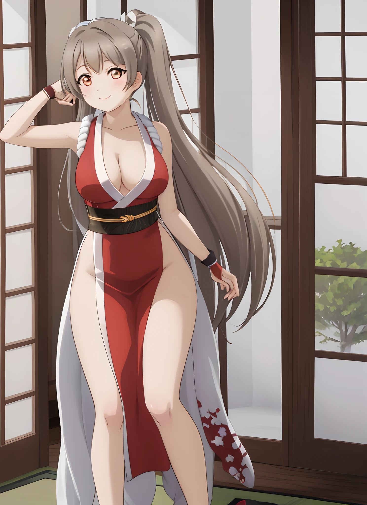 masterpiece, best quality, minami kotori, kunoichi dress, large breasts, curvy body,smile, upper body , BREAK dojo, japanese architecture, llchar