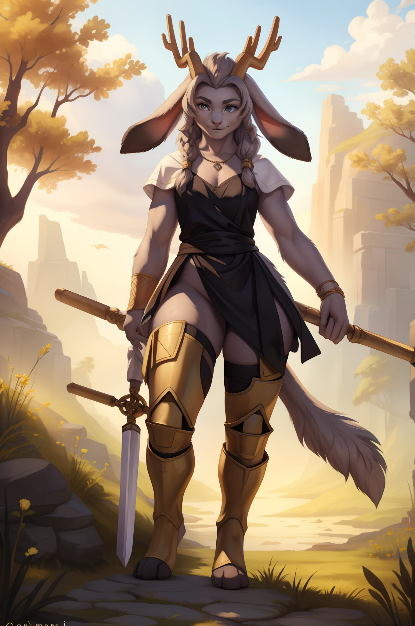 sybil,jackalope, antlers, sexy pose, tail,grey fur, lagomorph, a beautiful and detailed masterpiece, honovy hioshiru personalami,((bangs)),((floppy ears)), outside, national park,smile, jewelry, bracelets, ((thick thighs)) cute, petite,solo,hair,athletic,sexy,looking at viewer, weapon, , leg armor, greaves, feet, holding weapon black cloths, corsept