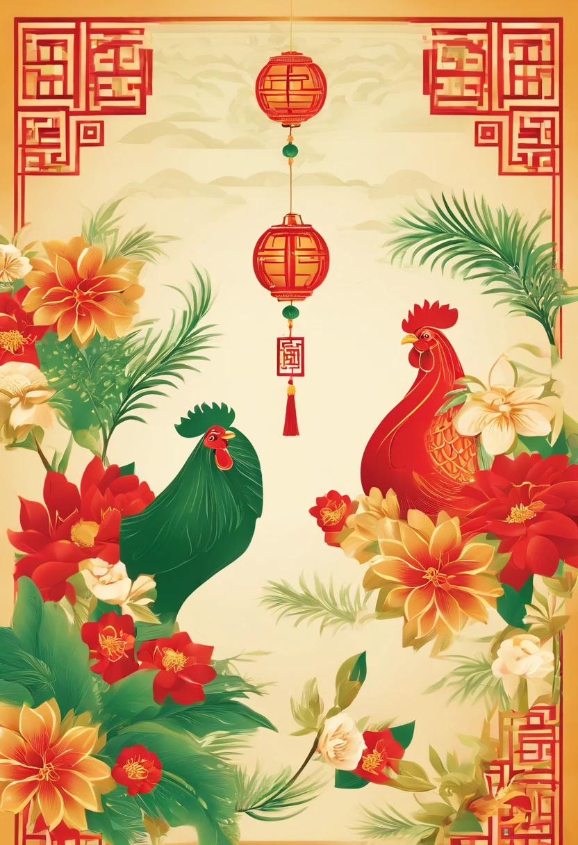 Chinese New Year，The Year of the Rooster，Golden, green, red，cartoony，Flat illustration style，، simple，Non-realistic，Commercial posters，There are decorations around，delight