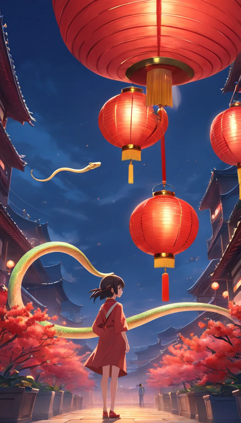 New Year's snake, Year of the Snake，Lunar New Year, spring flowers, Red lanterns, fundo vermelho, Extremely high quality, Full-HD, Close-up, 2023, ..。.3D