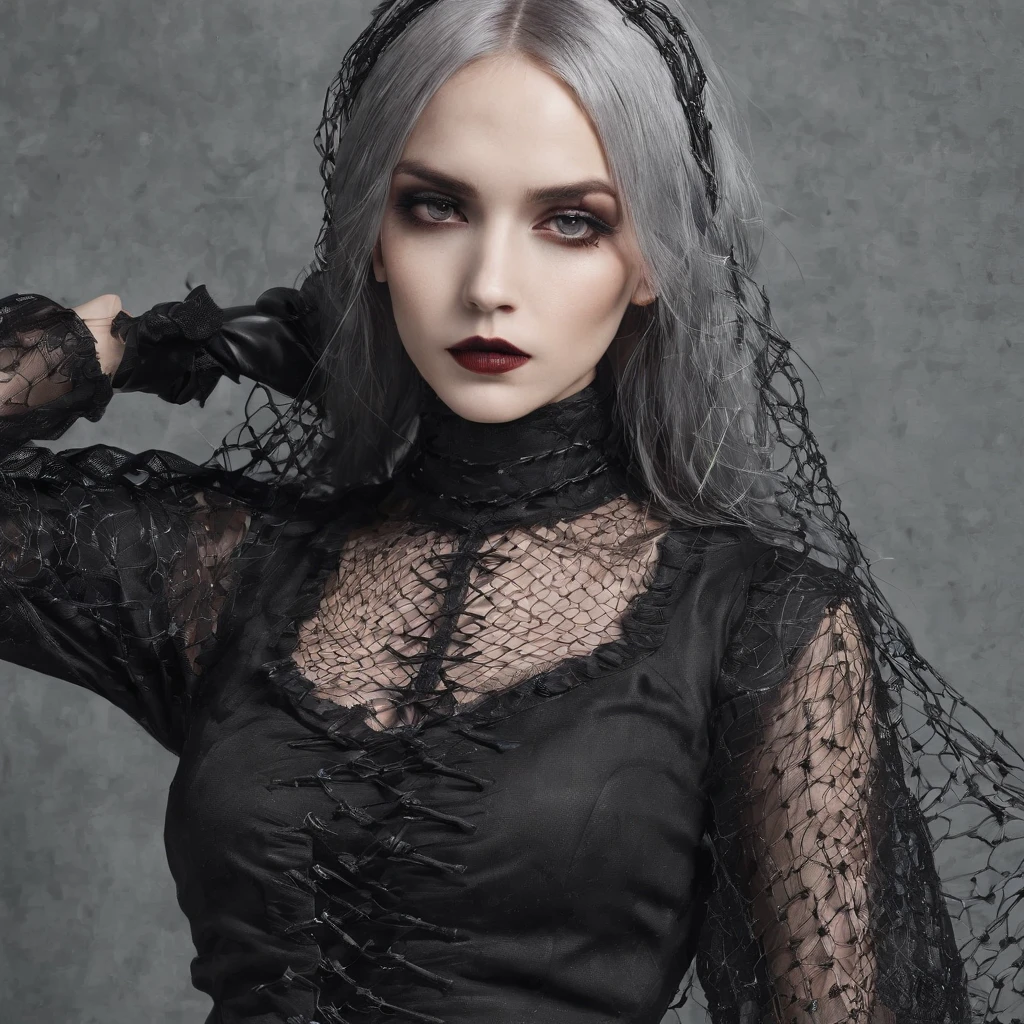 Girl with gothic net symbolic clothes, 。.com (Barbed wire of the body) brunette color hair,Gray hair ends