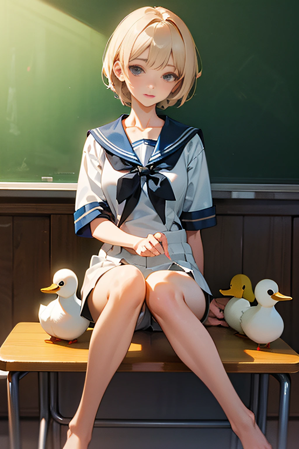 Sailor suit high school girl duck sitting collarbone realistic 4k classroom short hair bare feet