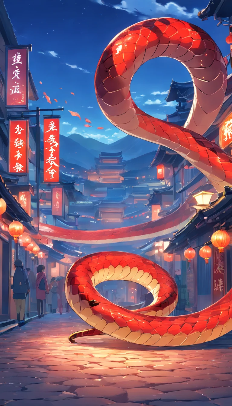 New Year's snake, Year of the Snake,Don't be characterized,Lunar New Year, spring flowers, Red lanterns, fundo vermelho, Extremely high quality, Full-HD, Close-up, 2023, ..。.3D