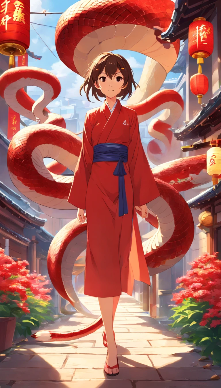 New Year's snake, Year of the Snake，Don't be characterized，Lunar New Year, spring flowers, Red lanterns, fundo vermelho, Extremely high quality, Full-HD, Close-up, 2023, ..。.3D