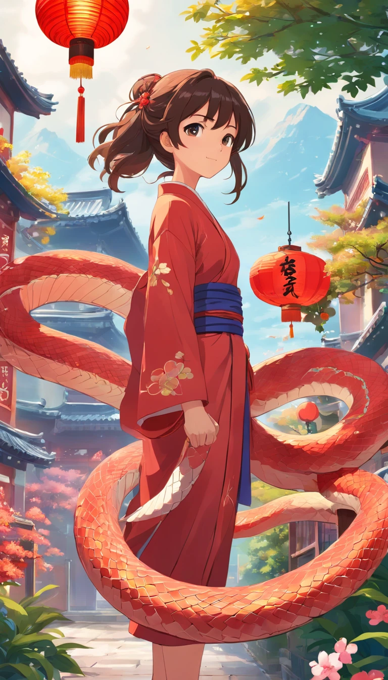 New Year's snake, Year of the Snake，Don't be characterized，Lunar New Year, spring flowers, Red lanterns, fundo vermelho, Extremely high quality, Full-HD, Close-up, 2023, ..。.3D