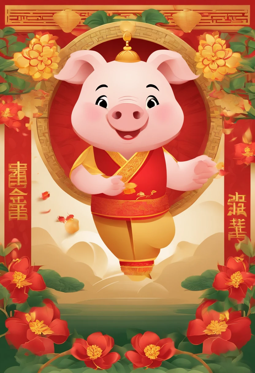 Chinese New Year,The Year of the Pig,Golden, green, red,cartoony,Flat illustration style,، simple,Non-realistic,Commercial posters,There are decorations around,delight