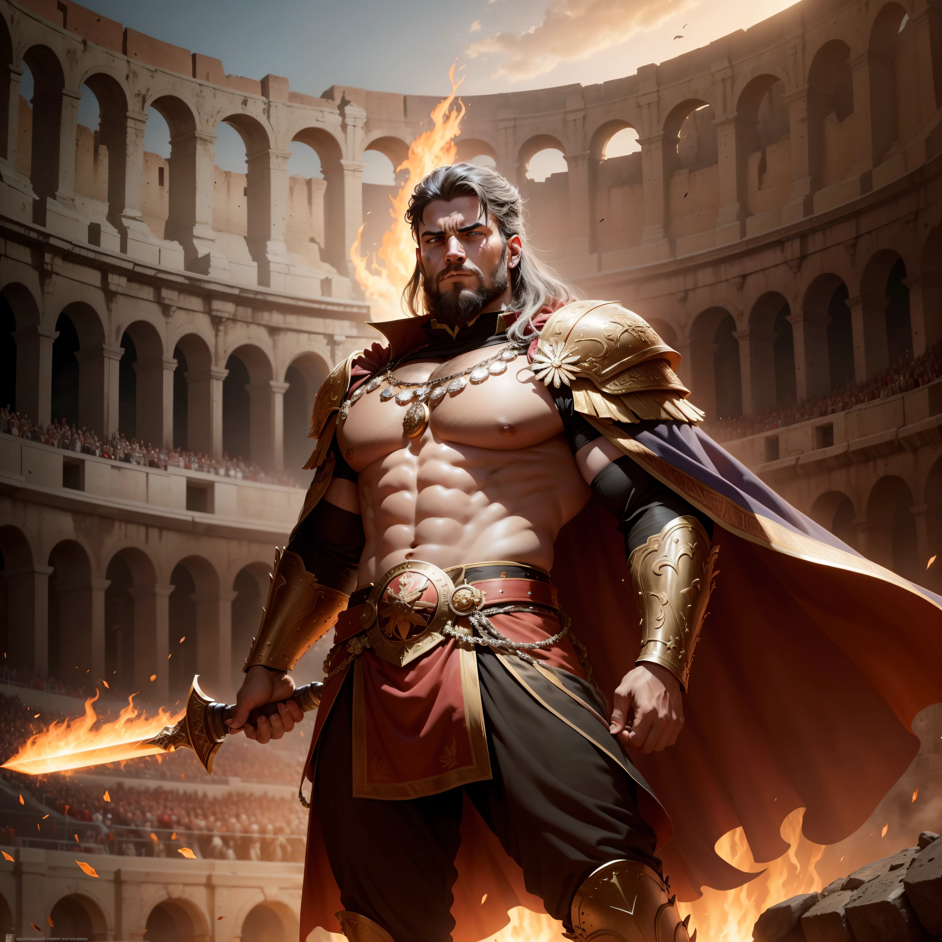 In the heart of ancient Rome, amidst the grandeur of the Colosseum, a powerful Roman emperor stands at the center of a colossal arena. He is a vision of strength and authority, clad in ornate golden armor adorned with intricate laurel wreaths and symbols of his dominion. His face bears the stern but resolute expression of a leader forged in the crucible of ambition and conquest.

In one hand, the emperor wields a gleaming gladius, the emblem of Roman might, while in the other, he holds a crimson cape that billows dramatically in the wind. His muscles ripple with the intensity of the battle, and his eyes blaze with an unquenchable fire as he prepares to face his formidable adversary.

Before him, a ferocious opponent, perhaps a gladiator or a rival commander, stands with a raised weapon, challenging the emperor's authority. The crowd in the stands roars with anticipation, their voices echoing through the massive stone walls of the Colosseum. The arena floor is covered in dust and sand, bearing witness to countless conflicts and the weight of history.

Above, the sky is ablaze with a vivid sunset, casting a fiery glow upon the scene. The contrast between the emperor's resplendent armor and the gritty, battle-worn arena creates a dramatic tableau, symbolizing the power and glory of Rome in its most majestic and tumultuous moments. Fantasy art, highly detailed