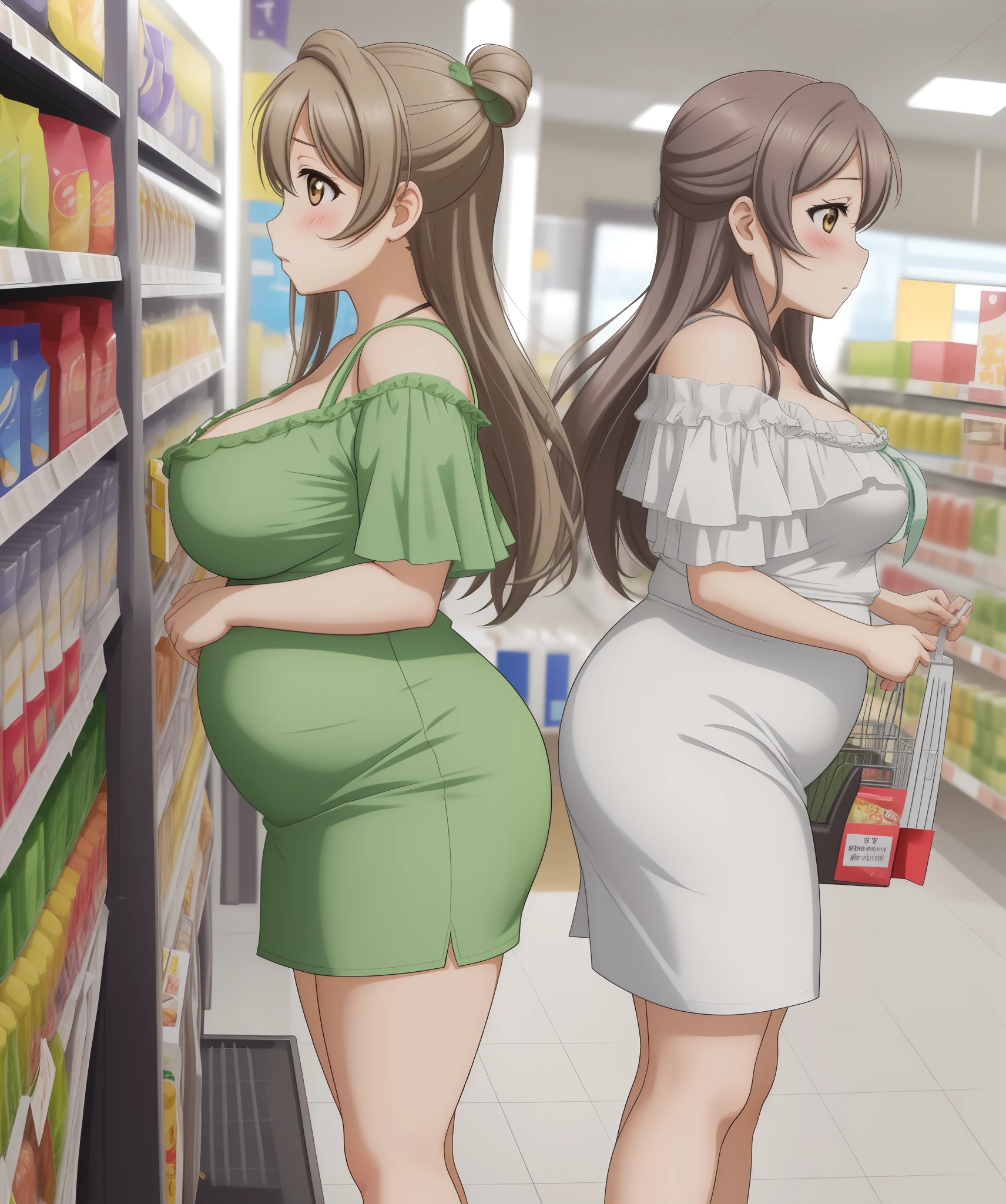 From side,Minami kotori, toujo nozomi, curvy body, (pregnant:0.9),big breasts,off shoulder dress, pencil skirt ,standing, llchar,cleavage, in supermarket, embarrassed, blushing, sweating, solo