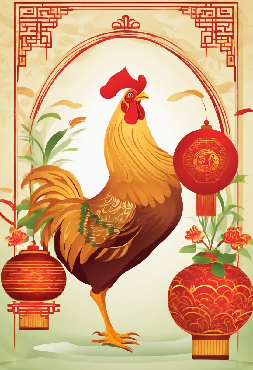Chinese New Year，The Year of the Rooster，A chicken in the middle，Golden, green, red，cartoony，Flat illustration style，، simple，Non-realistic，Commercial posters，There are decorations around，delight