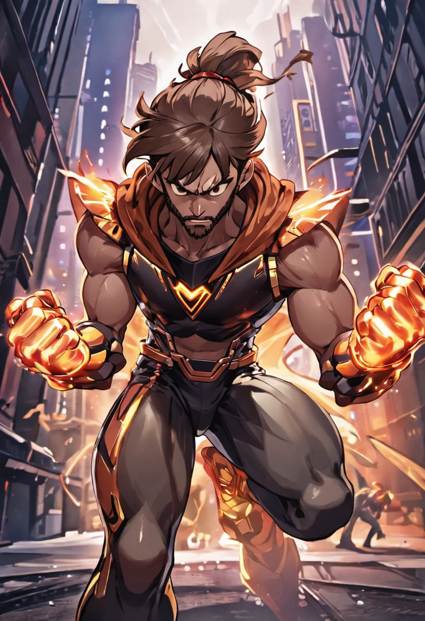 (best quality, highres, ultra-detailed, realistic:1.37), male with brown ponytail, has a light beard, wearing a sleeveless hoodie, mecha arms with crackling energy, superhero aesthetic, detailed facial features, intense expression, muscular physique, futuristic city backdrop, dynamic pose, vibrant colors, strong shadows, dramatic lighting