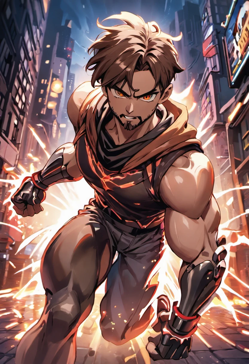 (best quality, highres, ultra-detailed, realistic:1.37), male with brown ponytail, has a light beard, wearing a sleeveless hoodie, mecha arms with crackling energy, superhero aesthetic, detailed facial features, intense expression, muscular physique, futuristic city backdrop, dynamic pose, vibrant colors, strong shadows, dramatic lighting
