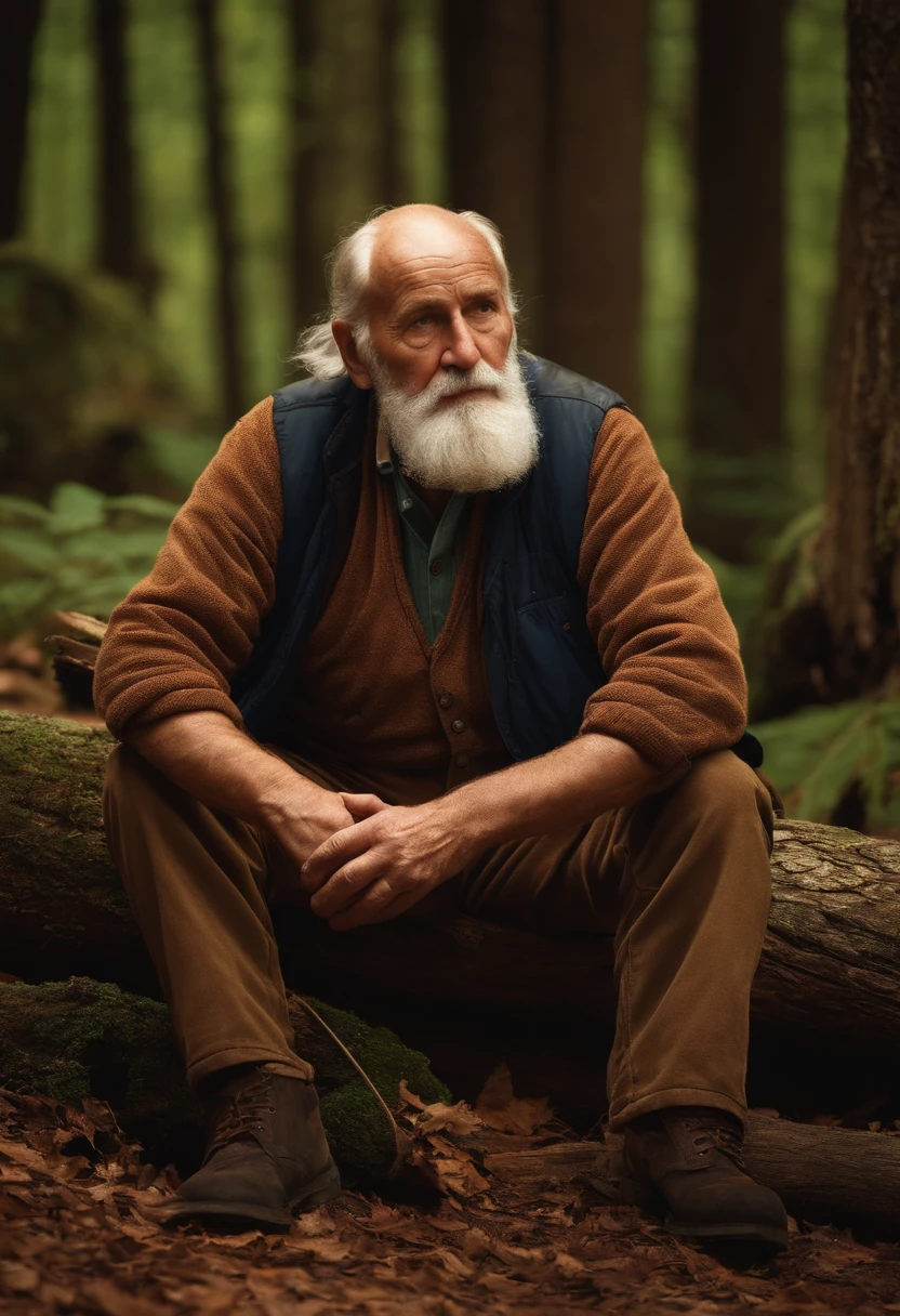 elderly lumberjack; sir resting; old man sitting; older man in the forest