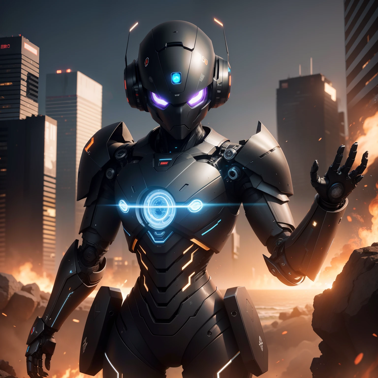 Black robot with transparent details, cabos, e fios, in the background several explosions, Half illumination with sharp and well-defined details, 4k, realistic kinematic image.