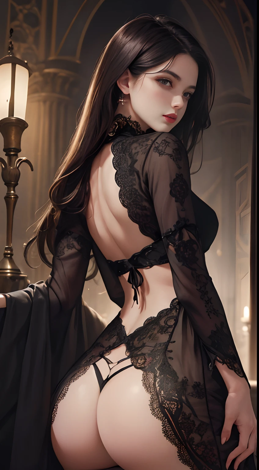 (Masterpiece level,high qulity,real photograph),Complicated details,Fantastical Atmosphere,Stunning composition,A pure and beautiful girl,Delicate and detailed face and eyes,Sexy lace tights,A top with a sense of design,Sexy back,Campus background