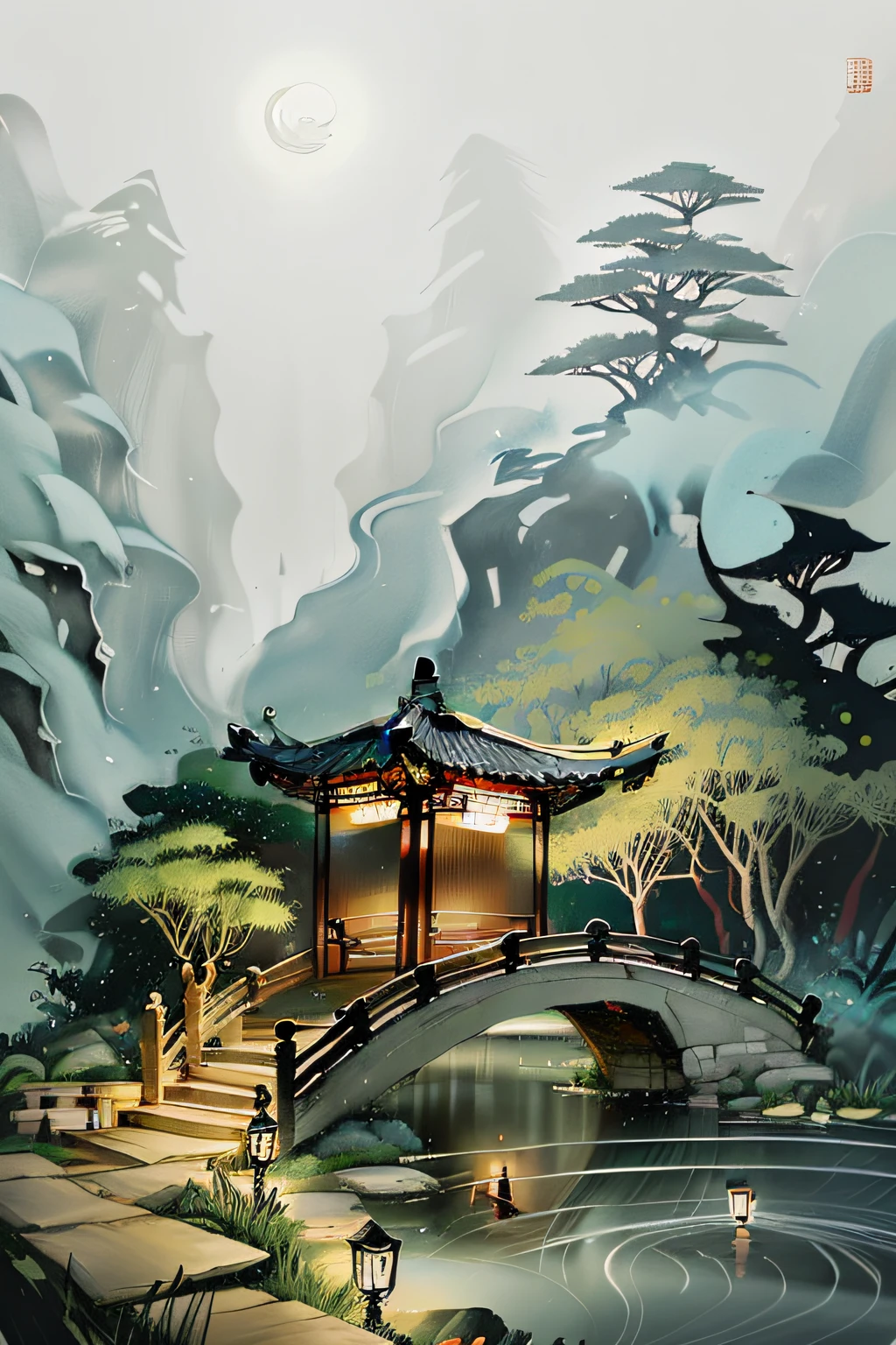 masterpiece,best quality,Chinese martial arts style,an asian night scene with lanterns and water lilies,asian pond with many lanterns and boatsa night scene with many lights and boats in the water, Lake surface, lotus flowers,beautiful night scene,(((Chinese martial arts style))), with vast sky, continuous mountains and steep cliffs, ink wash style, outline light, atmospheric atmosphere, depth of field, mist rising, bamboo, pine trees, octagonal stone pavilion, waterfall flowing water,big full moon,(No color) , Monochrome, light color,