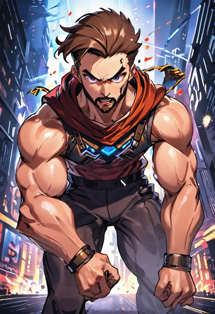 (best quality, highres, ultra-detailed, realistic:1.37), male with brown ponytail, has a light beard, wearing a sleeveless hoodie, mecha arms with crackling energy, superhero aesthetic, detailed facial features, intense expression, muscular physique, futuristic city backdrop, dynamic pose, vibrant colors, strong shadows, dramatic lighting