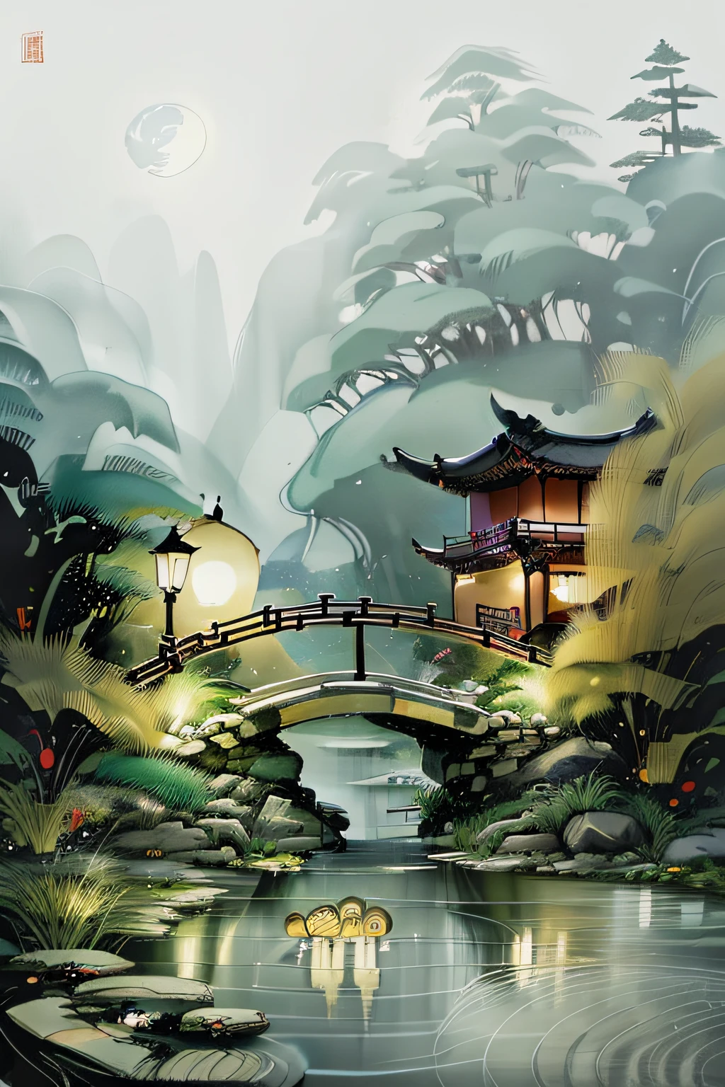 masterpiece,best quality,Chinese martial arts style,an asian night scene with lanterns and water lilies,asian pond with many lanterns and boatsa night scene with many lights and boats in the water, Lake surface, lotus flowers,beautiful night scene,(((Chinese martial arts style))), with vast sky, continuous mountains and steep cliffs, ink wash style, outline light, atmospheric atmosphere, depth of field, mist rising, bamboo, pine trees, octagonal stone pavilion, waterfall flowing water,big full moon,(No color) , Monochrome, light color,