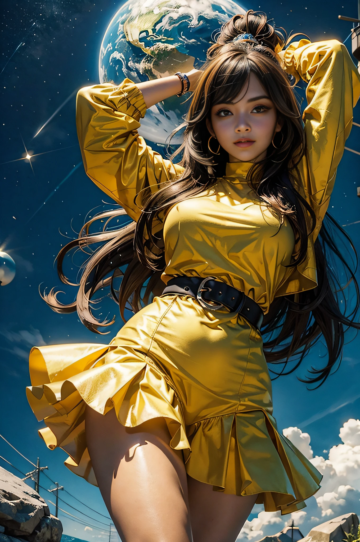 En un mundo virtual, una gran cantidad de datos pasan zumbando en todas direcciones., En el centro de la imagen, una mujer muy hermosa con un peinado colorido y un mono de colores brillantes mira el mundo que la rodea.. (La mejor calidad) obra maestra ((pechos muy grandes)) ((cabello rubio)) (cuerpo delgado)
