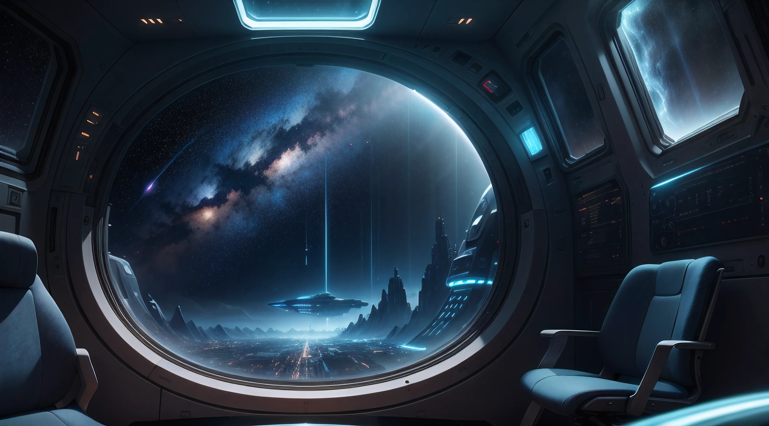 relaxing scene, futuristic, view from a starship's window, ultrarealisitc, 8k, detailed, space, stars, universe, big windows, stuffs, planet,