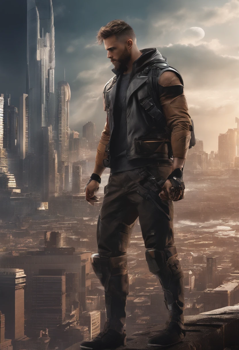 (best quality, highres, ultra-detailed, realistic:1.37), male with brown ponytail, has a light beard, wearing a sleeveless hoodie, mecha arms with crackling energy, superhero aesthetic, detailed facial features, intense expression, muscular physique, futuristic city backdrop, dynamic pose, vibrant colors, strong shadows, dramatic lighting