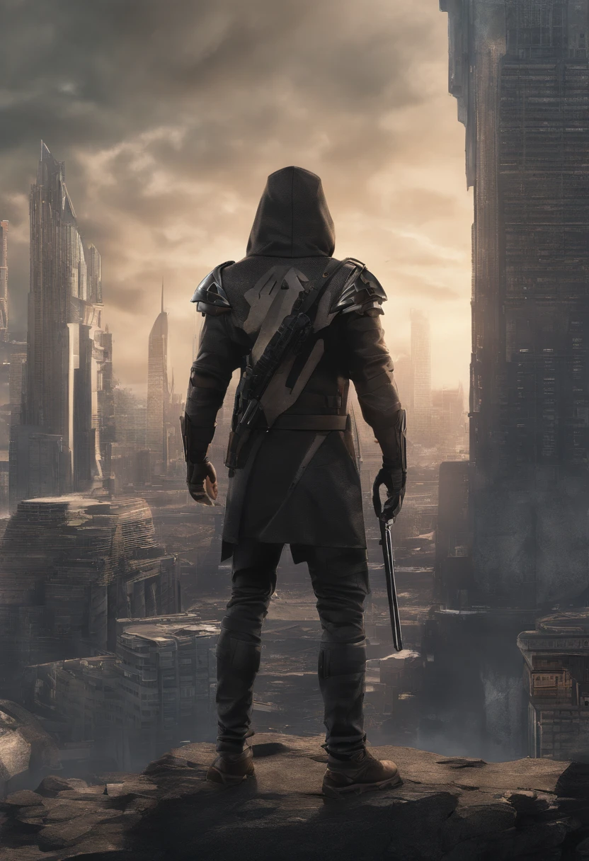 (best quality, highres, ultra-detailed, realistic:1.37), male with brown ponytail, has a light beard, wearing a sleeveless hoodie, mecha arms with crackling energy, superhero aesthetic, detailed facial features, intense expression, muscular physique, futuristic city backdrop, dynamic pose, vibrant colors, strong shadows, dramatic lighting