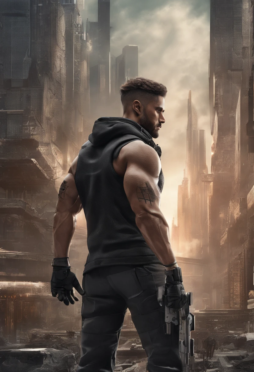 (best quality, highres, ultra-detailed, realistic:1.37), male with brown ponytail, has a light beard, wearing a sleeveless hoodie, mecha arms with crackling energy, superhero aesthetic, detailed facial features, intense expression, muscular physique, futuristic city backdrop, dynamic pose, vibrant colors, strong shadows, dramatic lighting