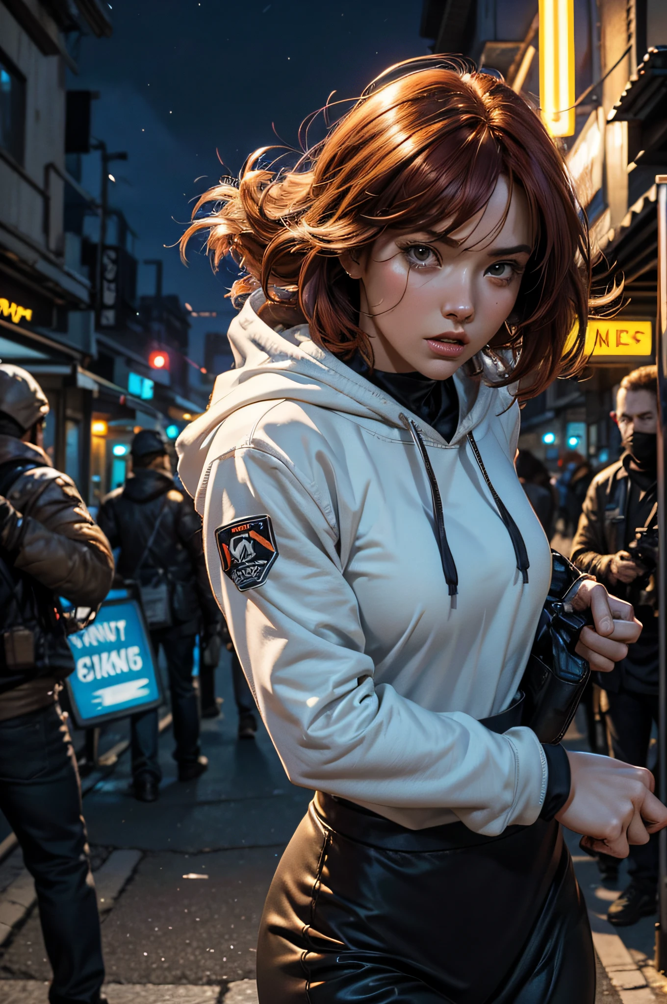 Close up image of 2 subjects, 1girl with auburn colored hair, wearing long sleeve white dress with hood, (running towards camera), (woman looks scared), frightened, running for her life, running away from man wearing armor, getting grabbed by man, down a dirty city alley, futuristic city at (night:1.4), blue and yellow neon signs, chase scene, action scene, thick outlines, comic book style, dynamic camera angle, realistic skin, realistic hands, perfect hands, action lines, motion blur background