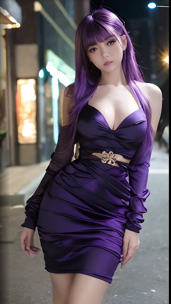 tmasterpiece, Ultra-fine fur, better lighting, better shade, Raiden general,1 plump girl, Raiden general, mediuml breasts, a skirt, Purple colored hair, Alone, Long gray hair, Large breasts, a purple eye, woven, view the viewer, braidedponytail, hair adornments, Sleeveless, hairflower, Black dress, The shirt, Indoors, blossom flower, , through bangs, exposed bare shoulders, window, upper legs, Moles under the eyes, purple evening dress,black long boots
