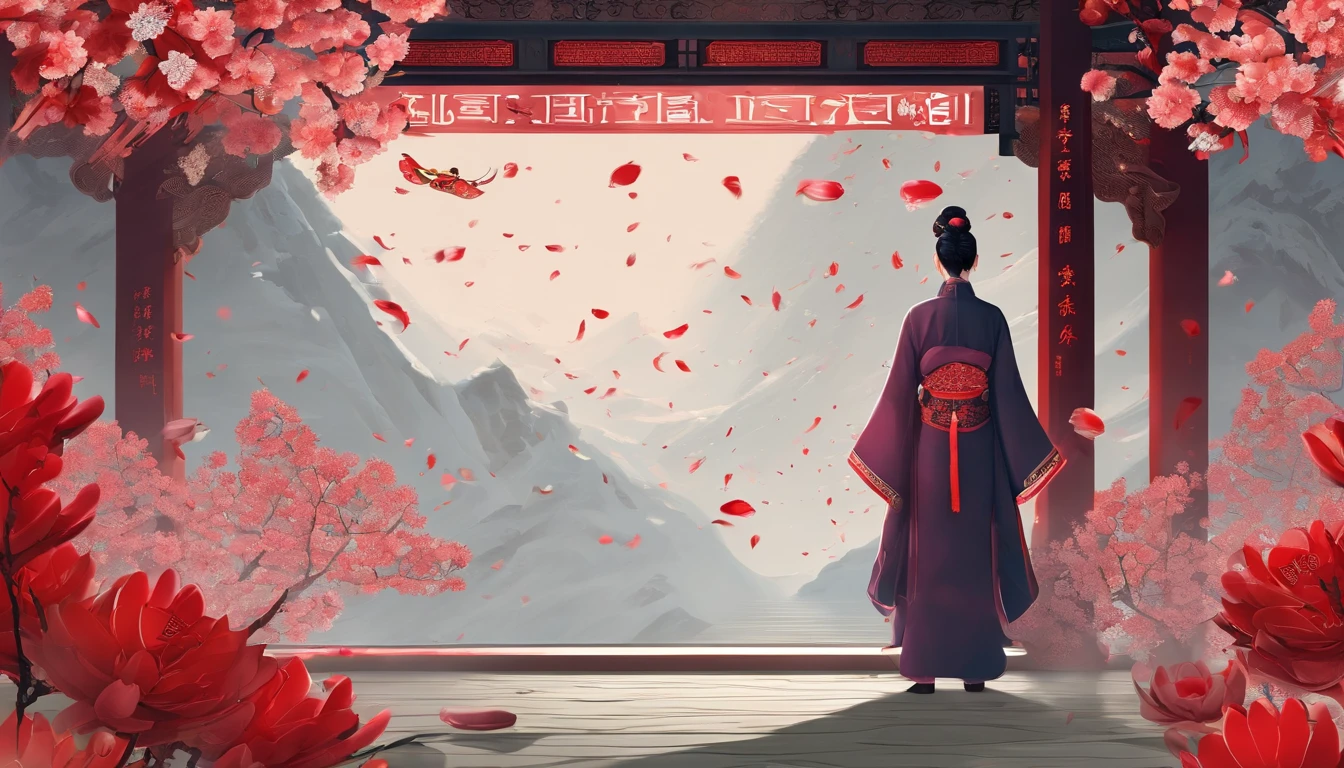 In the plum grove,Falling petals and snow are the background,Bright lighting,Zodiac rat,Wearing Tang dynasty costumes,Red firecrackers,Chinese knot