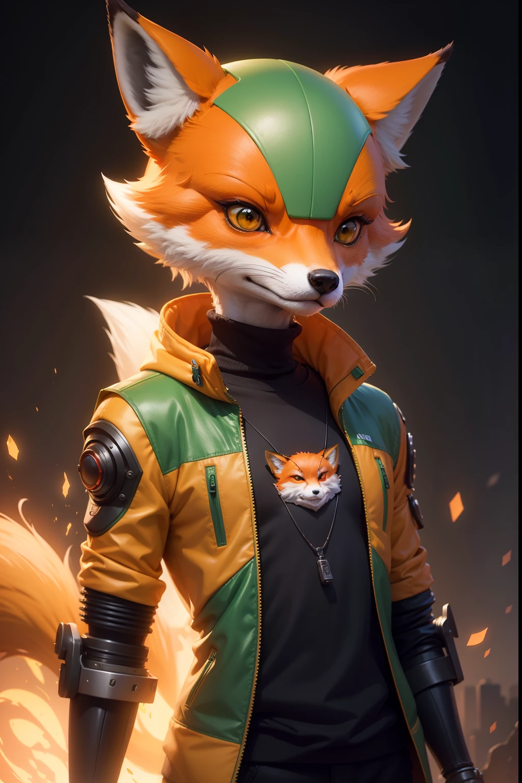 anthropomorphic male fox, Light green turtleneck jacket - orange cybernetic fox, sorrindo, robotic metal parts in light green and orange color, com capacete laranja, cute waving hello unreal engine, fundo cidade de tokio realista estilo cyberpunk, art-station, detalhado, Pintura digital, cinemactic, design de personagens por mark ryden e pixar, octan render