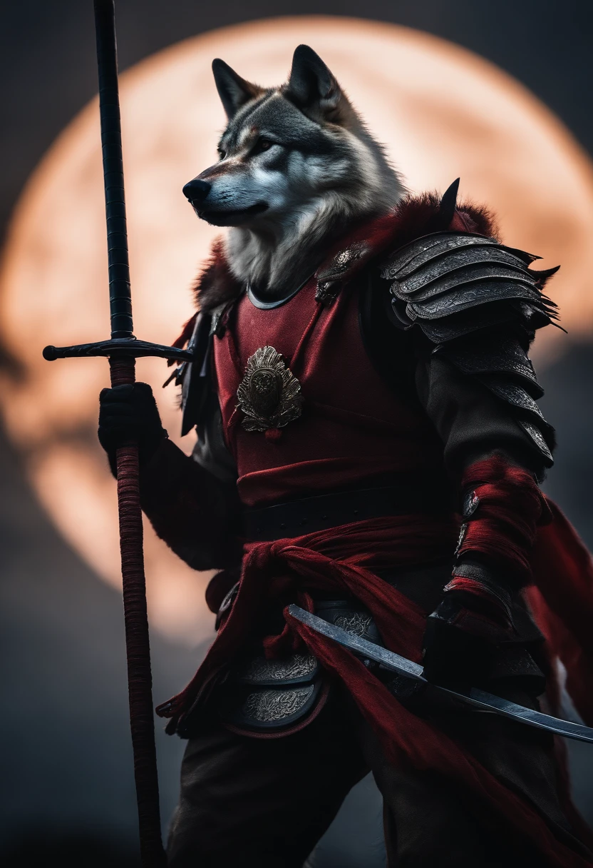 A Siberian wolf warrior with a scar, wearing samurai armor, holding a red-bladed katana, in the background a solar eclipse, ((full body)), ::style  fantasy, cinematic, insane details, realistic style, ::n_style digital painting, deformed parts, deformed face, ((ugly face)), ((deformed hands)),