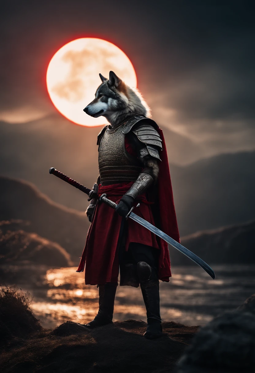A Siberian wolf warrior with a scar, wearing samurai armor, holding a red-bladed katana, in the background a solar eclipse, ((full body)), ::style  fantasy, cinematic, insane details, realistic style, ::n_style digital painting, deformed parts, deformed face, ((ugly face)), ((deformed hands)),