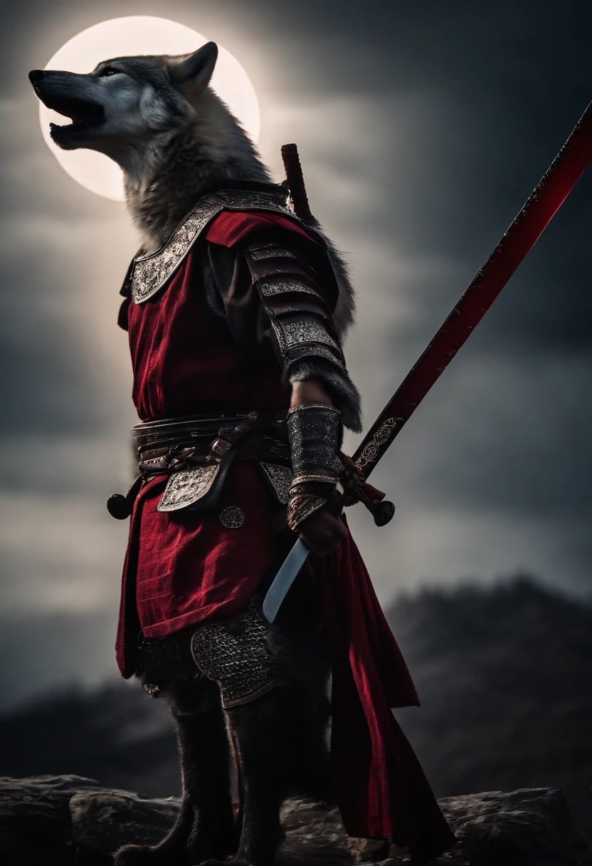 A Siberian wolf warrior with a scar, wearing samurai armor, holding a red-bladed katana, in the background a solar eclipse, ((full body)), ::style fantasy, cinematic, insane details, realistic style, ::n_style digital painting, deformed parts, deformed face, ((ugly face)), ((deformed hands)),