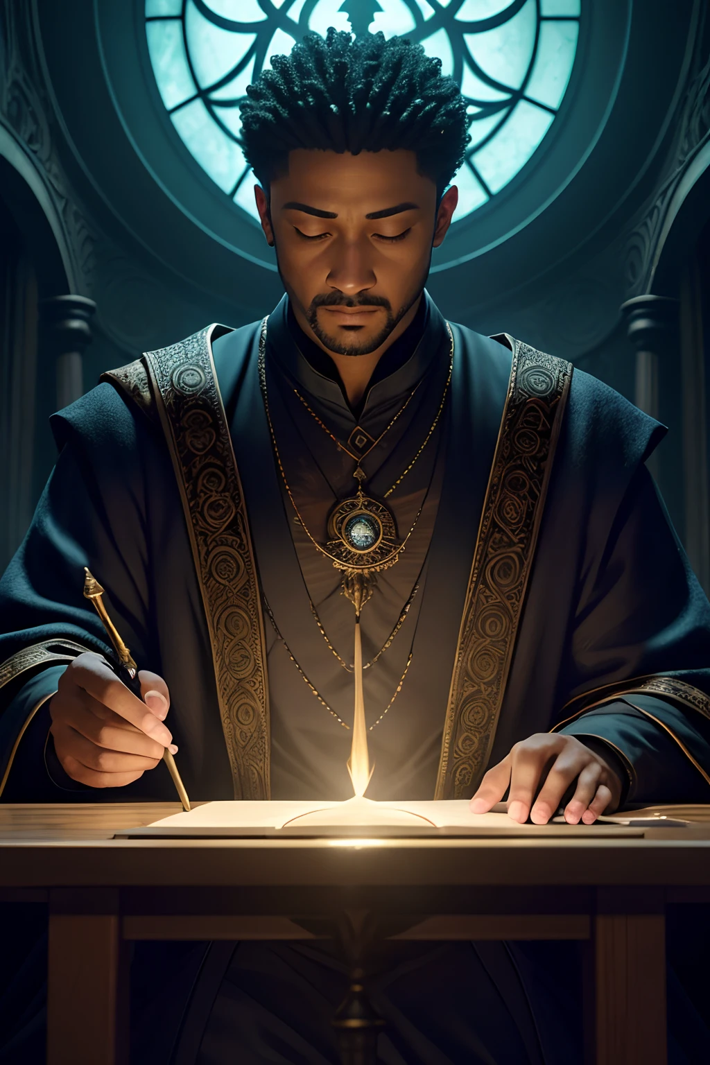 Create an exceptionally detailed and highly realistic depiction of Morpheus, O Deus dos Sonhos. He should be portrayed with his characteristic "areia do sono," in a mystic, wizarding world, tendo como pano de fundo uma noite escura e encantadora. Pay meticulous attention to every intricate detail, Capturing the essence of this god and the dreamy atmosphere. Use Octane rendering to improve realistic textures and lighting. The resolution should be an impressive 8K, ensuring extraordinary clarity and precision in portraying the mystical aspect of Morpheus.
